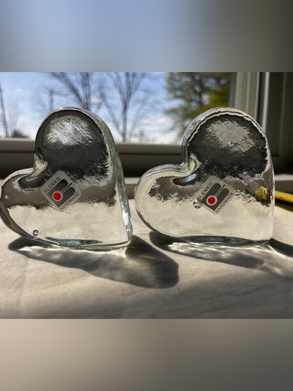 Blenko Clear Glass Heart Bookends - Handmade Clear Hearts